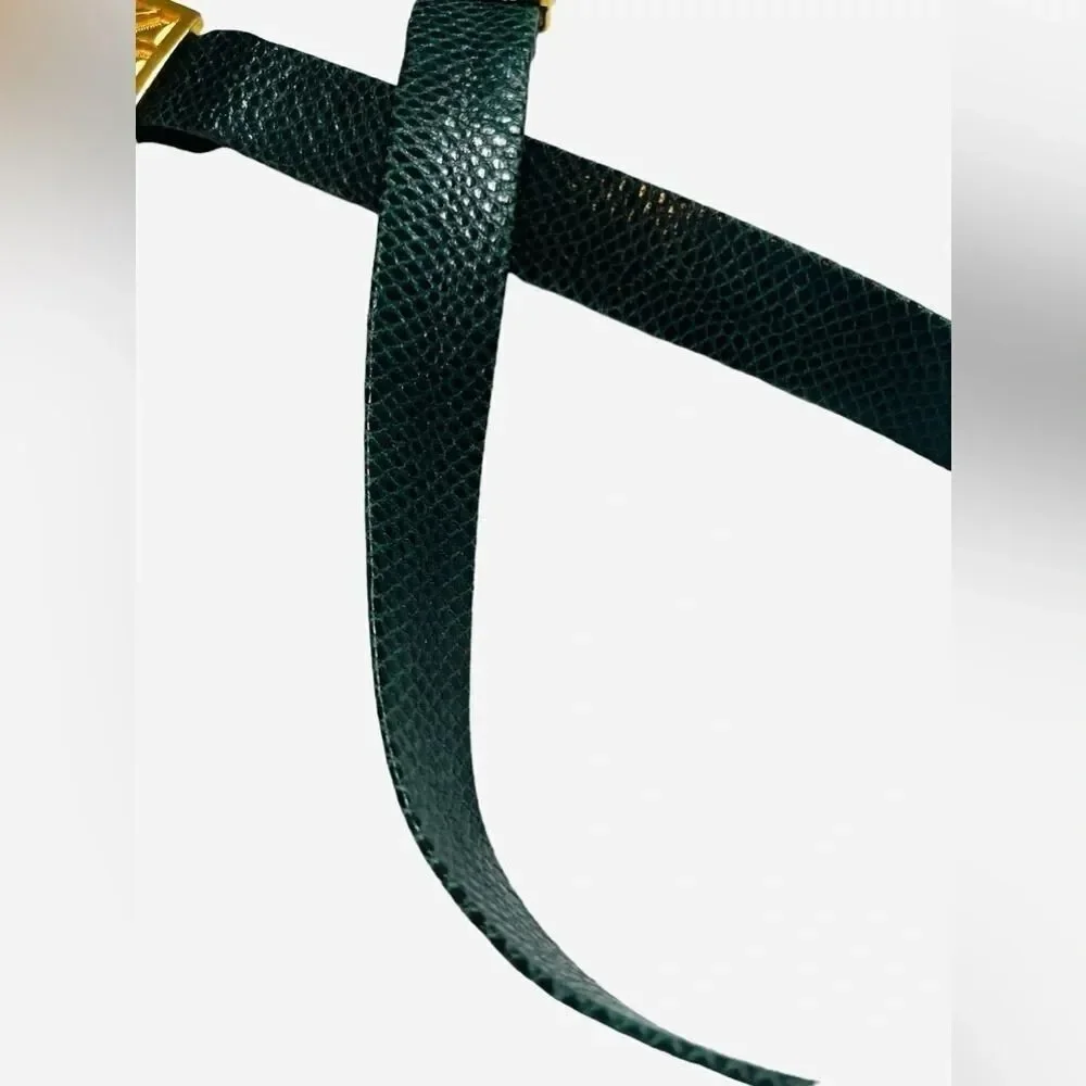 Vintage snake skin belt green and gold brass small high waist clip loop